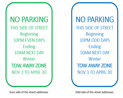 Two signs with winter parking rules for Crested Butte. Green sign: No parking on the even side of streets from 10 PM on even days to 10 AM next day, November 1 to April 30. Blue sign: Same rule applies to the odd side on odd days. Tow-away zone.