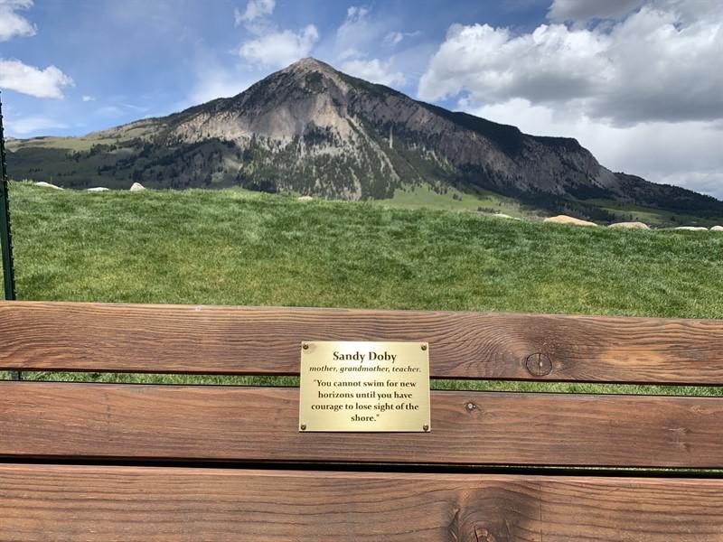 bench and plaque in front of a mountain