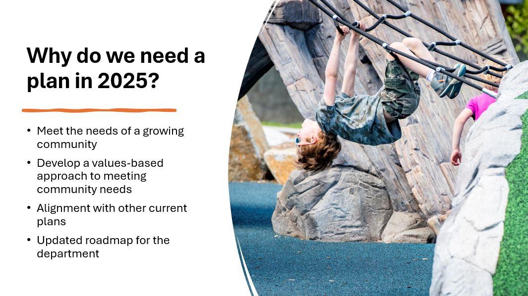 reasons for a 2025 plan: growing community needs, values-based approach, plan alignment, and updated roadmap.