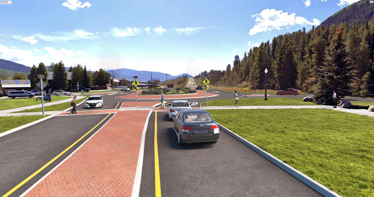 realistic rendering image showing the future concept of a roundabout at the intersection of CO 135 and Red Lady Ave 